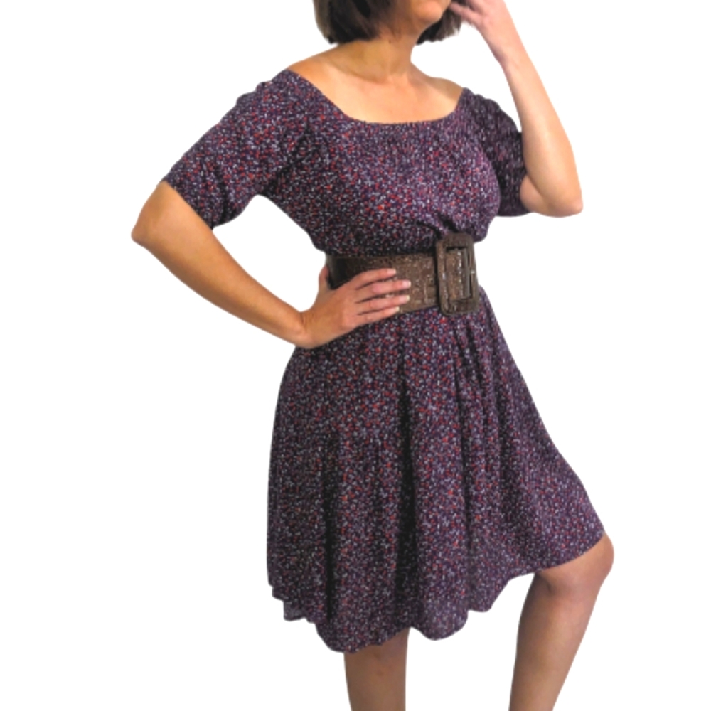 Navy Blue and Red Floral  Tiered Short Sleeve  Dress ~ NWT